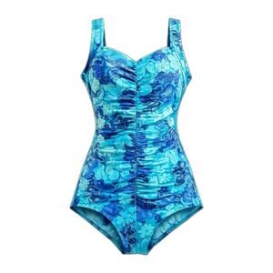 Vintage Y2K Teal Blue Floral Allover Print One Piece Swimsuit Women’s Large 12